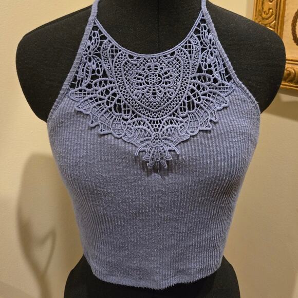 Mudd Crocheted Crop Top Strappy Boho Blue Medium NWT - Picture 2 of 9